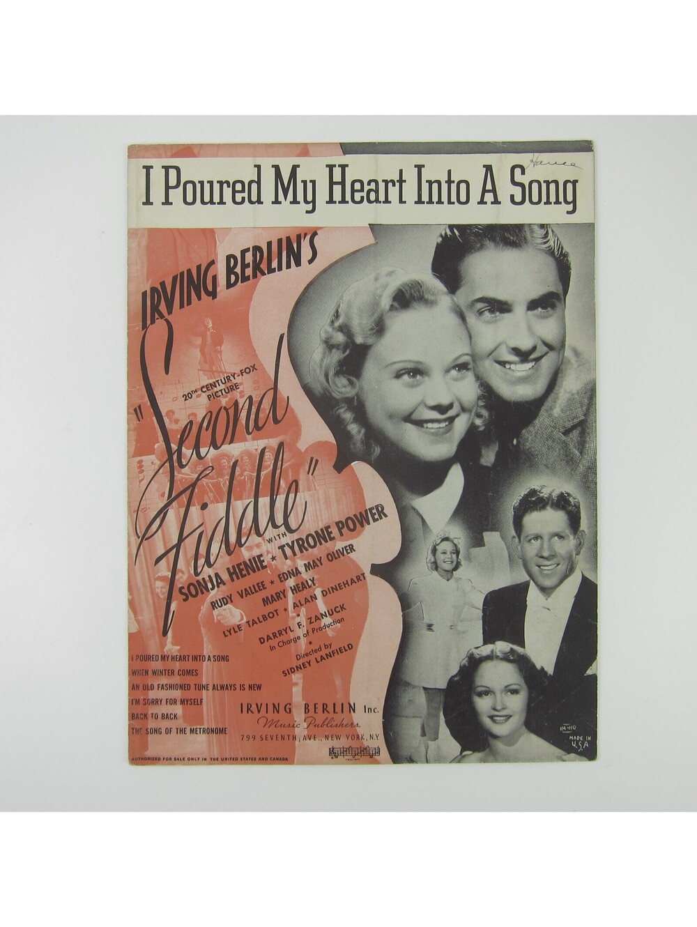 Sheet Music I Poured My Heart Into A Song Second Fiddle Sonia Henie Vintage 1939